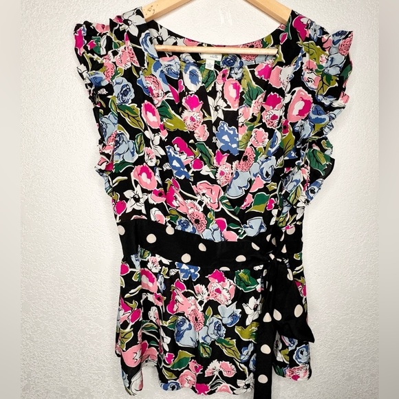 Odille Tops - ANTHROPOLOGIE ODILLE Field of Fancy Floral Polka Dot 100% Silk Wrap Blouse SZ 12